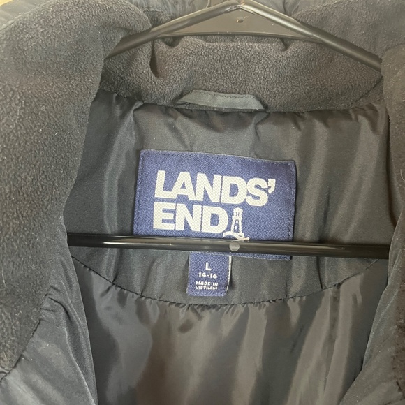 Lands end Womens Down Feather Puffer Jacket Sz Large Navy Blue Zip Button - Picture 5 of 8